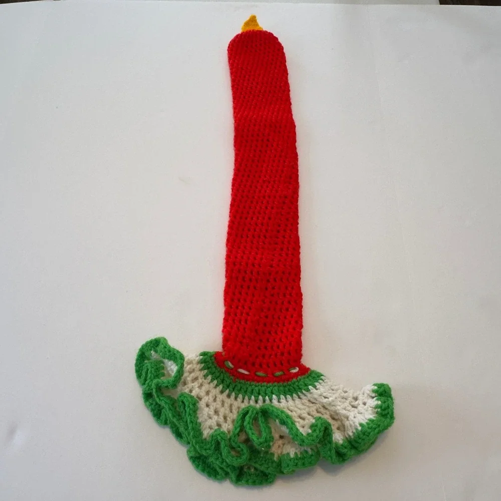 Large Handmade Crochet Christmas Candle Cover Red Green White Ruffled 29.5x12